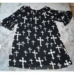 R. Rouge Womens Black & White Flowy Cross Print Goth Boho Tunic  Dress fits XL